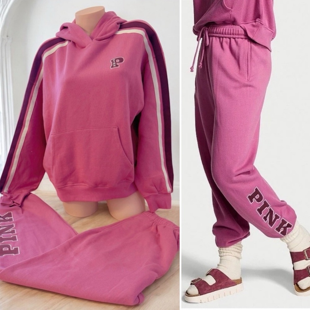 PINK Victorias Secret Ivy Fleece Campus Hoodie & Sweatpants Jogger Logo Pink L